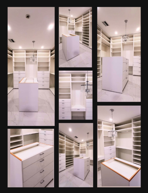 Collage of pictures of a custum-made wood closet